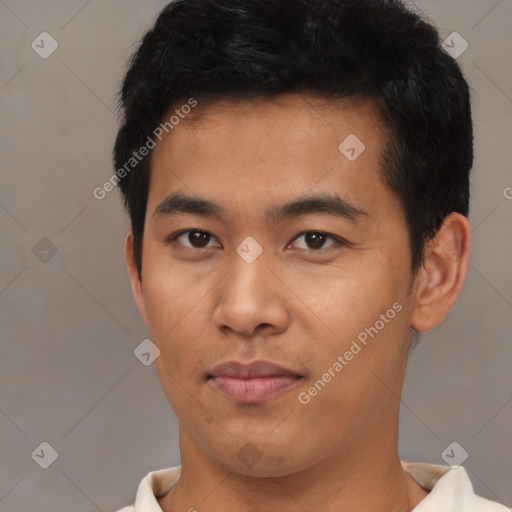 Neutral asian young-adult male with short  black hair and brown eyes