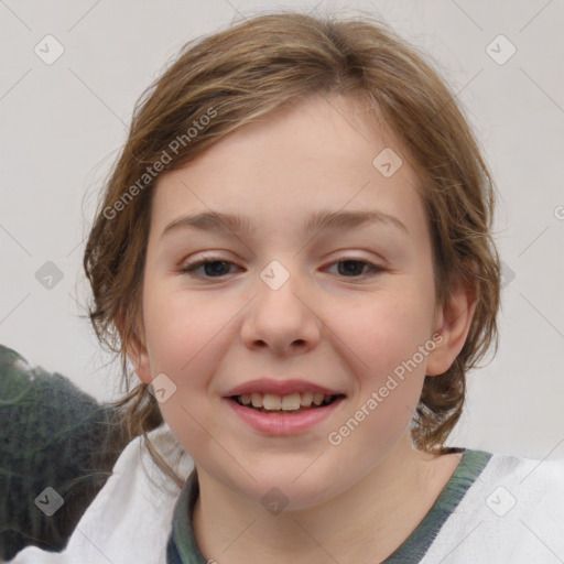 Joyful white child female with medium  brown hair and brown eyes