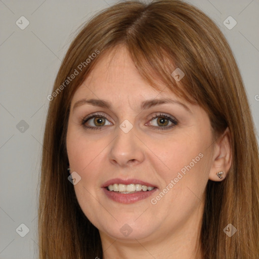 Joyful white young-adult female with long  brown hair and brown eyes