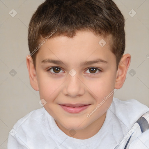 Joyful white child male with short  brown hair and brown eyes