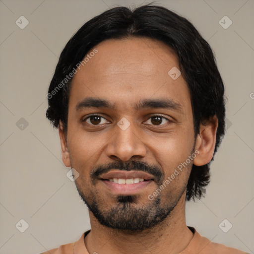 Joyful latino young-adult male with short  black hair and brown eyes