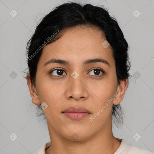 Neutral latino young-adult female with short  brown hair and brown eyes