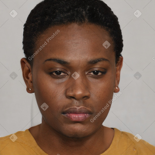 Neutral black young-adult female with short  brown hair and brown eyes