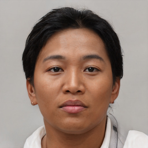 Neutral asian young-adult female with short  brown hair and brown eyes