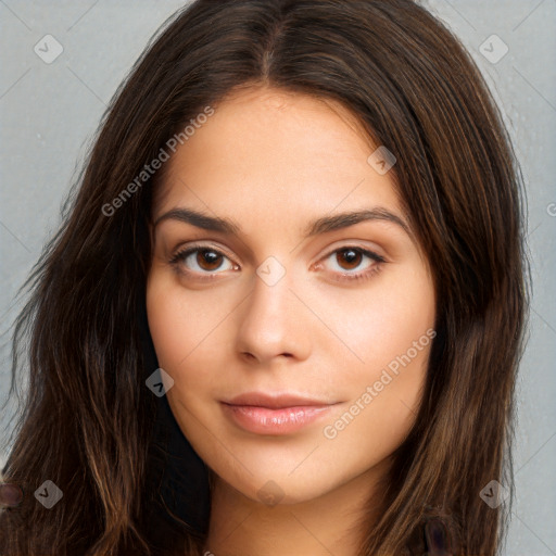 Neutral white young-adult female with long  brown hair and brown eyes