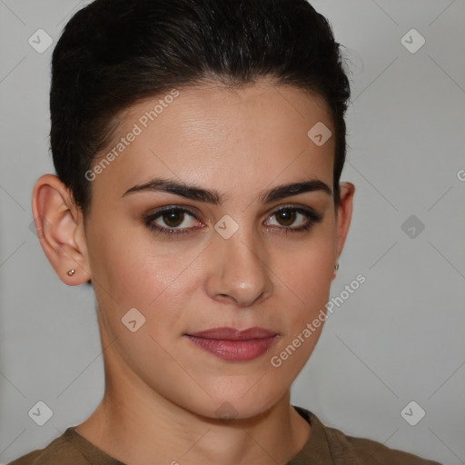 Joyful white young-adult female with short  brown hair and brown eyes