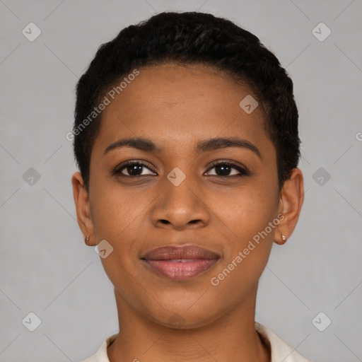 Joyful black young-adult female with short  black hair and brown eyes