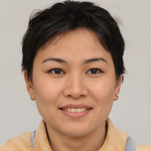 Joyful asian young-adult female with short  brown hair and brown eyes