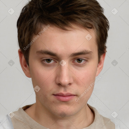 Neutral white young-adult male with short  brown hair and grey eyes