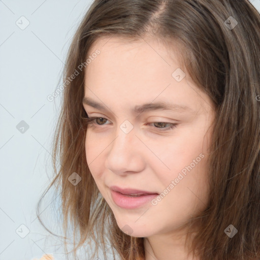 Neutral white young-adult female with medium  brown hair and brown eyes