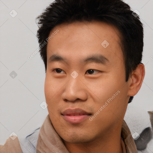 Neutral asian young-adult male with short  black hair and brown eyes