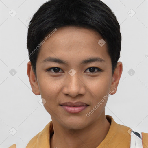 Joyful asian young-adult female with short  black hair and brown eyes