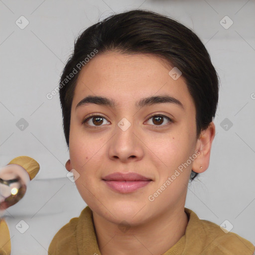 Joyful white young-adult female with medium  brown hair and brown eyes