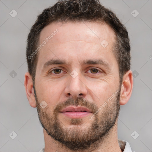 Neutral white young-adult male with short  brown hair and brown eyes