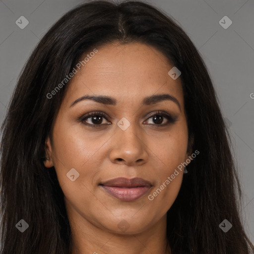 Joyful latino young-adult female with long  brown hair and brown eyes