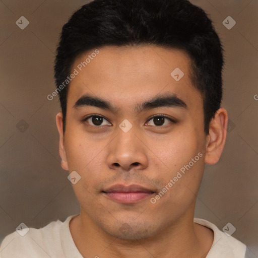 Neutral asian young-adult male with short  black hair and brown eyes