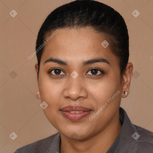 Joyful latino young-adult female with short  brown hair and brown eyes