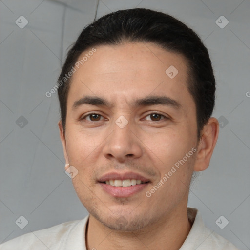 Joyful white young-adult male with short  black hair and brown eyes