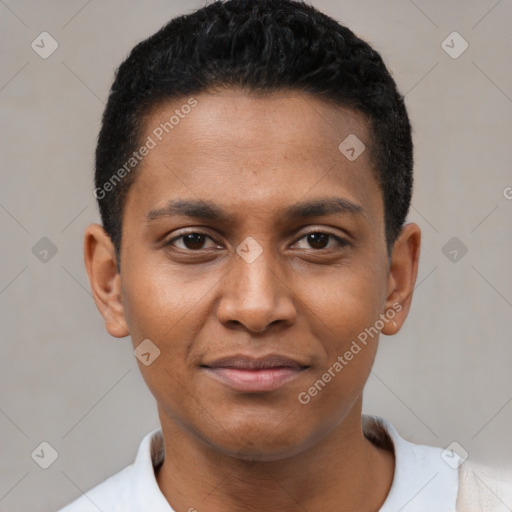 Joyful black young-adult male with short  black hair and brown eyes