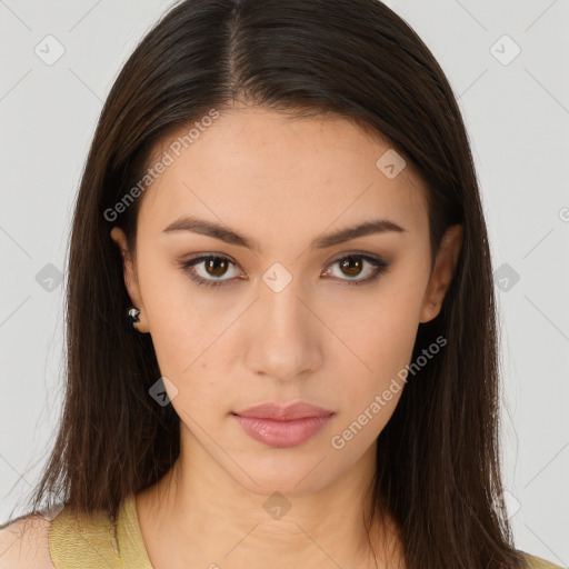 Neutral white young-adult female with long  brown hair and brown eyes