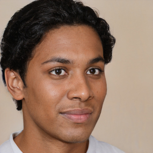 Neutral latino young-adult male with short  brown hair and brown eyes