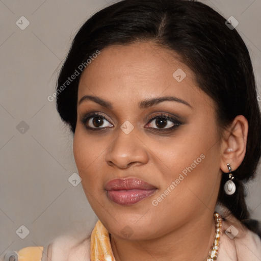 Joyful latino young-adult female with long  brown hair and brown eyes