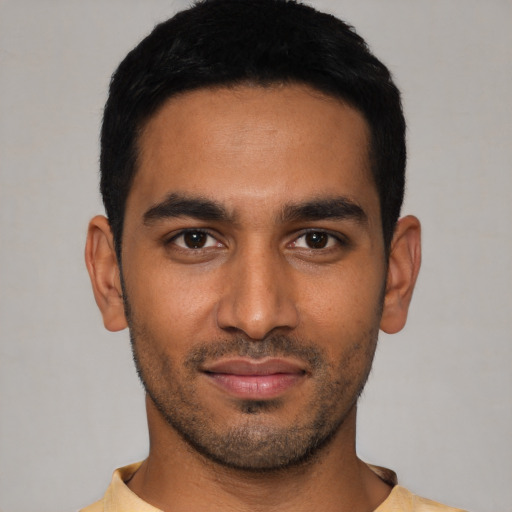 Neutral latino young-adult male with short  black hair and brown eyes