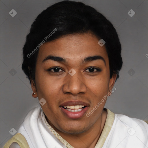 Joyful latino young-adult female with short  black hair and brown eyes