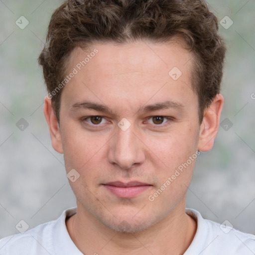 Neutral white young-adult male with short  brown hair and grey eyes