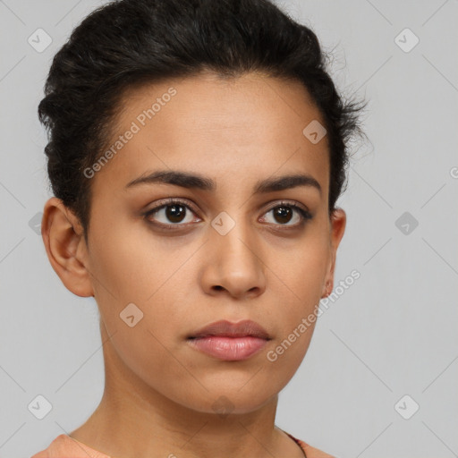 Neutral latino young-adult female with short  brown hair and brown eyes