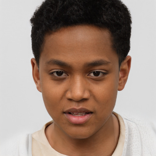 Joyful black young-adult male with short  brown hair and brown eyes