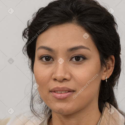 Joyful asian young-adult female with long  brown hair and brown eyes