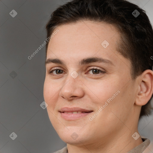 Joyful white young-adult female with short  brown hair and brown eyes