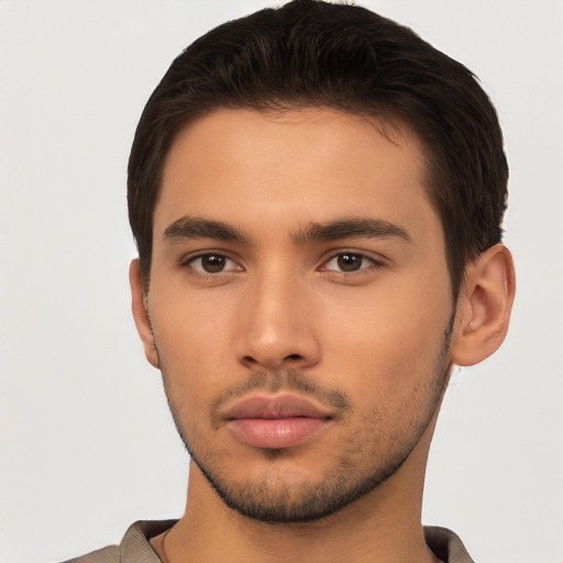 Neutral asian young-adult male with short  brown hair and brown eyes