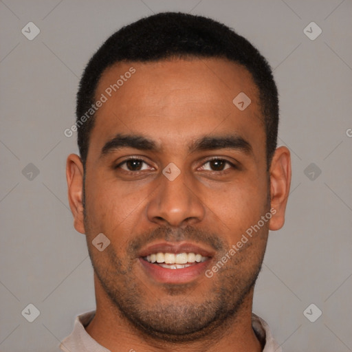 Joyful black young-adult male with short  black hair and brown eyes