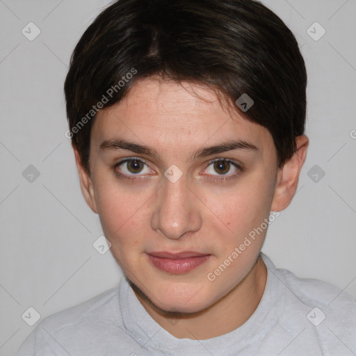 Joyful white young-adult female with short  brown hair and brown eyes