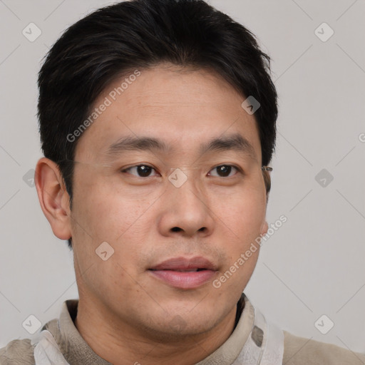 Neutral asian young-adult male with short  brown hair and brown eyes