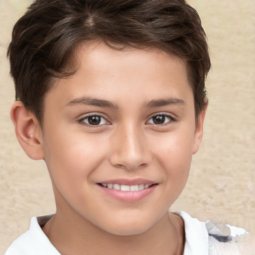 Joyful white child female with short  brown hair and brown eyes