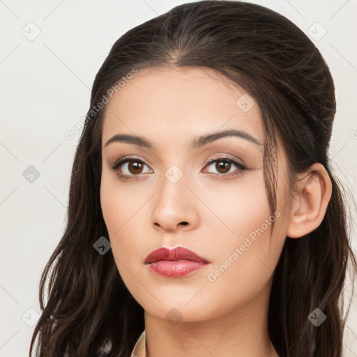 Neutral white young-adult female with long  brown hair and brown eyes