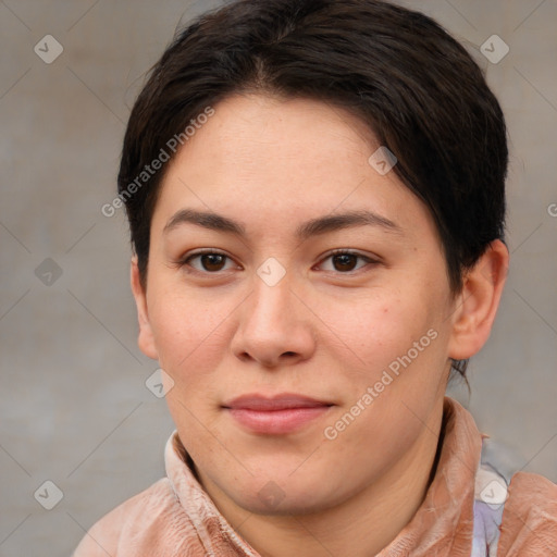 Joyful white young-adult female with short  brown hair and brown eyes