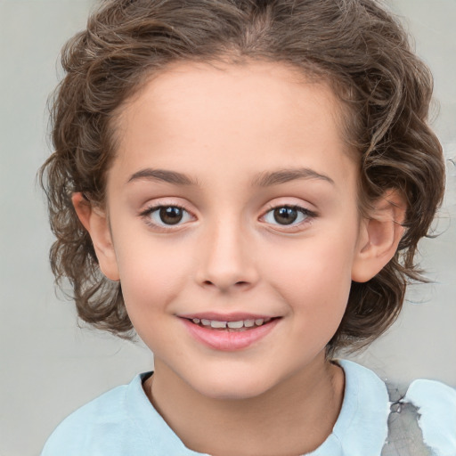 Joyful white child female with medium  brown hair and brown eyes