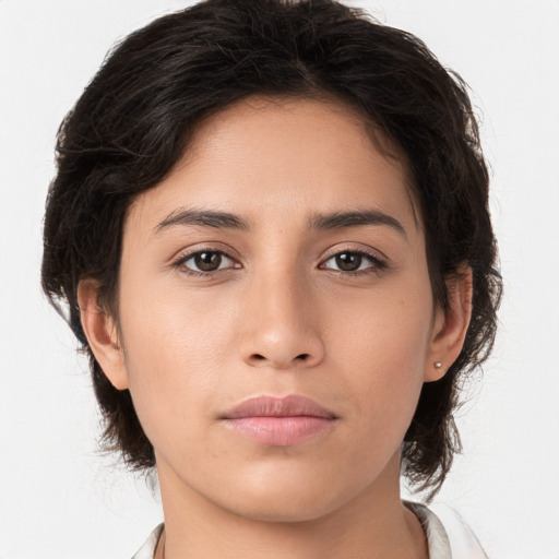 Neutral asian young-adult female with medium  brown hair and brown eyes