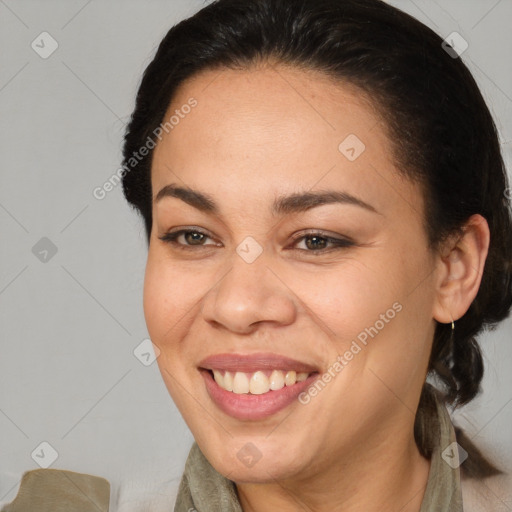 Joyful white young-adult female with medium  brown hair and brown eyes