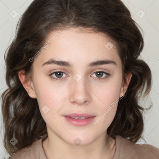 Neutral white young-adult female with medium  brown hair and brown eyes