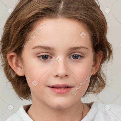 Joyful white child female with medium  brown hair and brown eyes