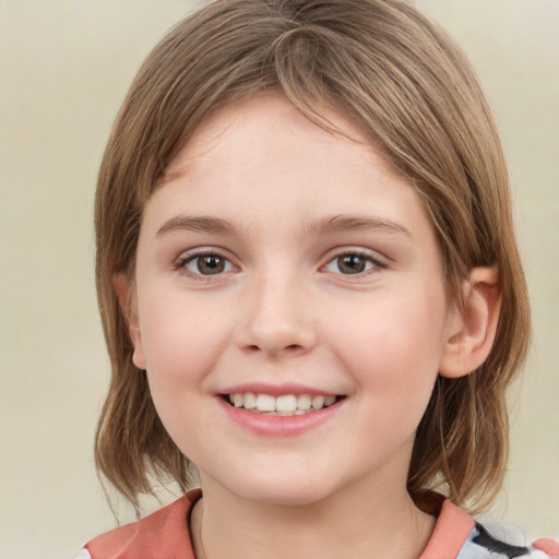 Joyful white child female with medium  brown hair and grey eyes