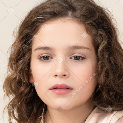 Neutral white child female with long  brown hair and brown eyes