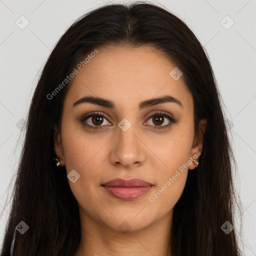 Joyful latino young-adult female with long  brown hair and brown eyes