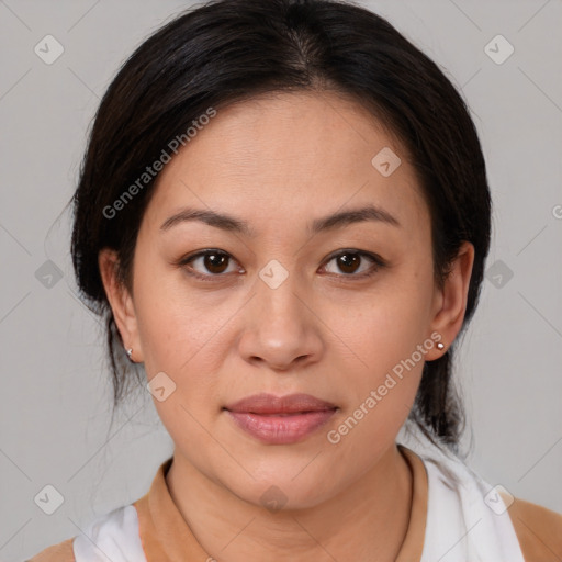 Joyful white young-adult female with medium  brown hair and brown eyes