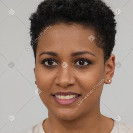 Joyful black young-adult female with short  brown hair and brown eyes